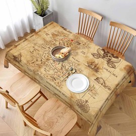 Treasure Map Brown Decorative Rectangle Tablecloth Pirate Ship Sailing Adventure Sea Monster Island Polyester Table Cloths Kitchen Table Cover for Dining BBQ Picnic Coffee Table 52 x 70 Inch 4-6 Seats