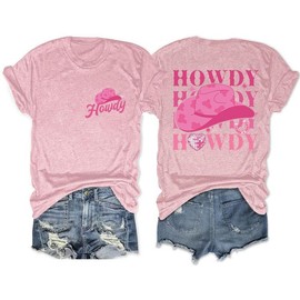 Cowgirl Hat Shirts for Women Double Sides Howdy Letter Print Tee Western Cowboy Rodeo Tshirt, Pink, L