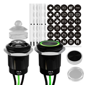 FILN - 2Pcs Black Plated Momentary Pushbutton Switch Power Button Includes 180 Replacement Symbols 12V Switch 19mm Mounting Hole 20A IP67 Waterproof Switch for Cars, Boat, Easy Installation (Green)
