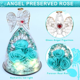 Tiaronics Mothers Day Rose Gifts for Women, Large Angel Figurines with Real Roses, Preserved Real Flower Rose for Her, Angel Roses Gifts for Her, Mom, Girlfriend - Aqua Blue