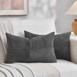 FDTERN Set of 2 Dark Grey Corduroy Cushion Covers, 40 x 60 cm, Soft Modern Decorative Cushion Covers, Sofa Cushion, Boho Decoration for Sofa, Bedroom, Living Room, Balcony