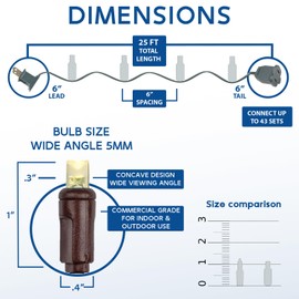 Novelty Lights 25ft 50 LED Warm White Christmas String Lights, 6" Spacing on Brown Wire, UL Listed IP55 Commercial Grade Xmas Lights for Outdoor/Indoor, Dimmable, Connectable