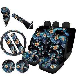 FKELYI Hibiscus Floral Sea Turtle Car Seat Covers Full Set for Front&Rear Seat Protector,Non-Slip Steering Wheel Cover,Cup Coasters,Gear Shift Cover Handbrake Cover,Seat Belt Pads