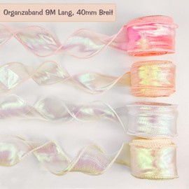 qingmeng Pack of 4 Satin Ribbon, 40 mm x 9 m Organza Ribbon, Shimmering White, Light Pink, Cream, Gift Ribbon, Wide Ribbon, Chiffon Ribbon, Silk Ribbon, Wedding Ribbon Ribbons for Crafts for Gift