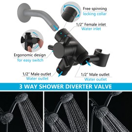 PDPBath Solid Brass Shower Arm 3 Way Shower Diverter Valve for Hand Held Showerhead and Fixed Spray Head, G1/2 Universal Connection - Matte Black