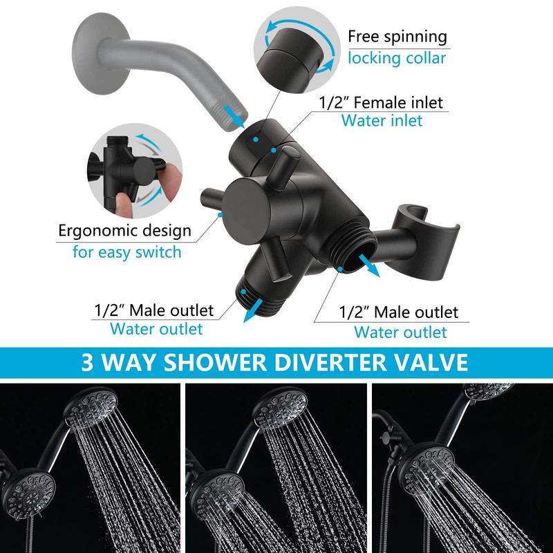 PDPBath Solid Brass Shower Arm 3 Way Shower Diverter Valve