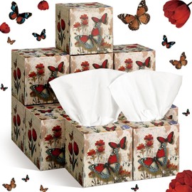 Fourluoo 12 Pack Butterfly Facial Tissues Cube Boxes 600 Sheets 3 Ply Small Retro Square Tissues Bulk for Summer Home Car Pocket Toilet Household(Retro Butterfly)