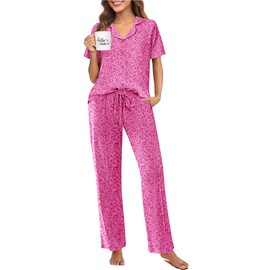 Ekouaer Pajamas for Women Set Button Up Sleepswear 2 Piece Short Sleeve PJ Top and Long Pants Loungwear With Pocket Hot Pink Leopard Print XL