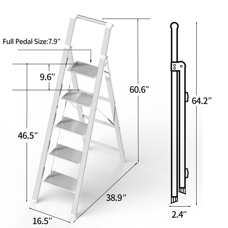 SOLADDER 5 Step Ladder, Folding Step Stool, White Foldable Iron