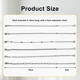 BRDXOOL 6 Pieces Silver Bracelet Set for Women - Stackable Simple Silver Bracelets, Waterproof and Hypoallergenic Design, Daily Party Fashion Accessories, Jewelry Gifts (6 Styles), Stainless Steel, No