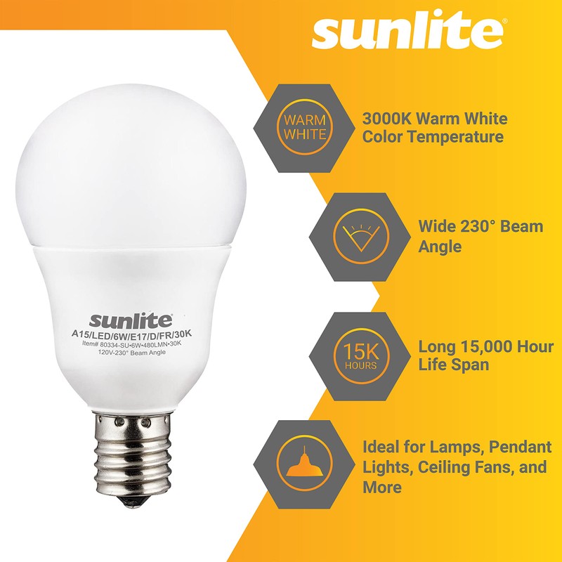 Sunlite A15 E17 LED Bulb, Intermediate Base Light Bulbs, 6