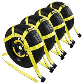 Tire Straps for A Car Trailer Tow Dolly Straps with Flat Hook 14"-19"Heavy Duty Tow Strap UTV Wheel Tie Down Strap for Hauling Cars 4 PK Truck Accessories Rescue Emergency Kit for Vehicles Essentials
