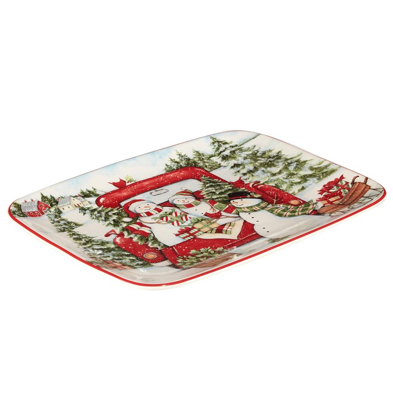 Certified International Red Truck Snowman Rectangular Platter, 14" X 10",