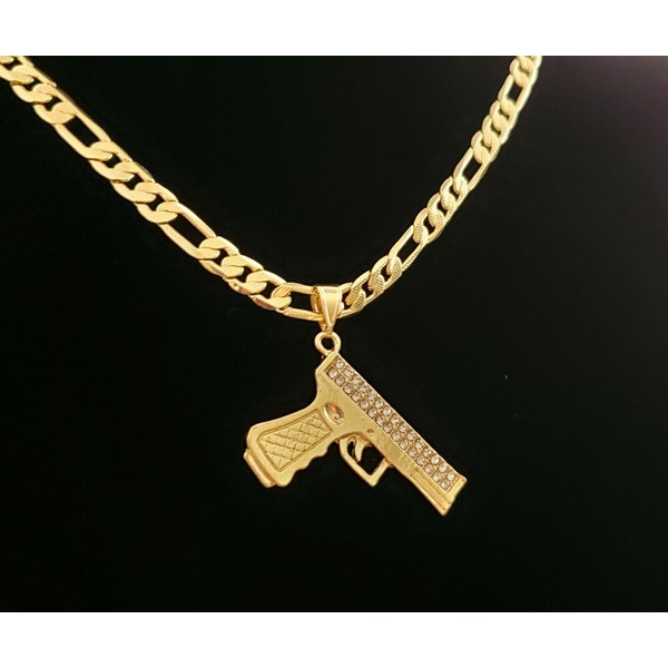 Gun pistola pendant necklace cadena figaro chain 14k gold plated CZ cuban link