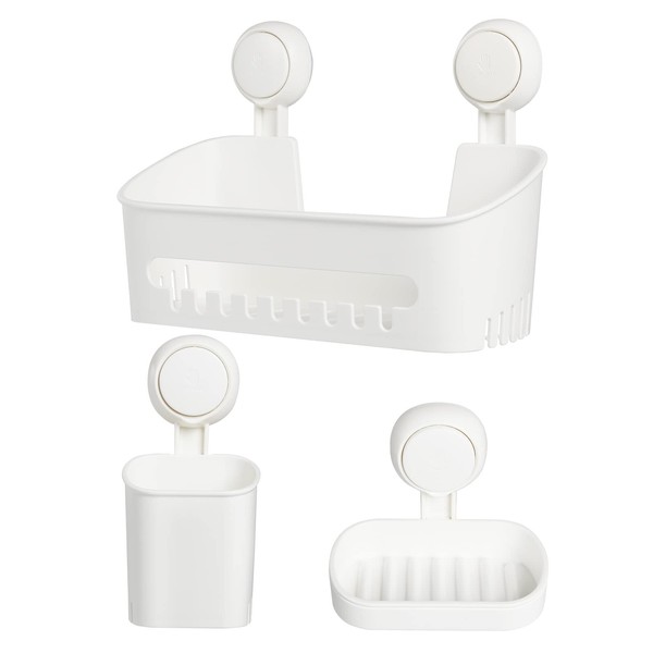 Uten Suction Cup Shower Caddy, Soap Dish, Toothbrush Holder-Drill-Free Storage Basket, Removable Shower Shelf Storage Basket, 3-in-1 Bathroom Set, White