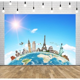 CORFOTO Travel Around The World Backdrop Fabric 9x6ft Global Famous Monuments World Landmarks Earth Map Background for Travel Party Decor Adult Portrait Prop