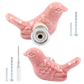HARSKIYER Bird Shape Ceramic Knobs, 2 Pack Pink Cute Cabinet Pulls Handles for Dresser, Drawer, Cupboard with Mounting Screws and Screwdriver