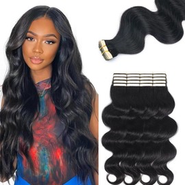 Tape in Hair Extensions Human Hair Body Wave 100% Remy Human Hair 22 Inch 50g/pack 20pcs Tape in Hair Extensions Natural Black Real Hair Extensions for Black Women Tape in Extensions