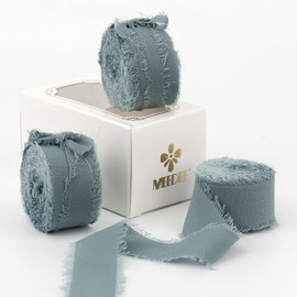 MEEDEE Slate Blue Chiffon Ribbon - 1 Inch Fringe, Dusty Blue Silk, Frayed Edge - Thin Ribbons for Crafts, Gift Wrapping, Wedding Invitations (3 Rolls, 21 Yards)