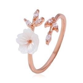 18K Gold Double Leaf Ring Gold/Silver/Rose Gold Leaves Leaf Laurel Ring White Shell Flower Opening Ring Dainty Zircon Crystal Ring Adjustable Leaf Finger Ring for Women(Rose Gold)