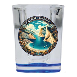 R and R Imports Seitan Limania Greece Souvenir Destination 2 Ounce Shot Glass Square Blue Base 2-Pack