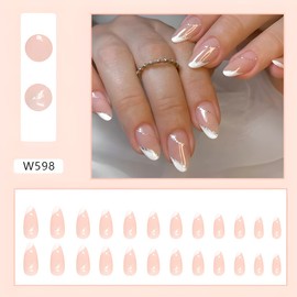 Almond Press on Nails Short French Tip Pink Fake Nails Silver Line Stick on Nails Artificial Glossy Nails Acrylic Full Cover Glue on Nails for Women