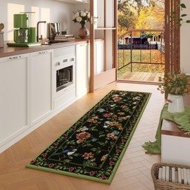 Vowkten Runner Rug for Kitchen 2'6"x8' Washable Rugs with Rubber Backing Soft Floral Bird Magpies Floral Animal Carpet Runner for Kitchen, Laundry, Bedroom, Bathroom (Green)