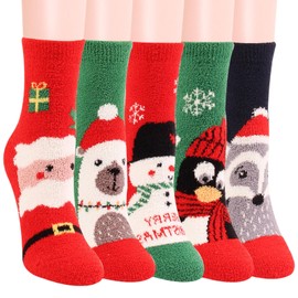 Christmas Socks for Women,Men,Kids,5 Pairs Christmas Fluffy Socks Fuzzy Coral Fleece Socks,Thick Sock Winter Slipper Socks Sleeping Socks Xmas Socks for Christmas Crakers,Xmas Stocking Fillers Gifts