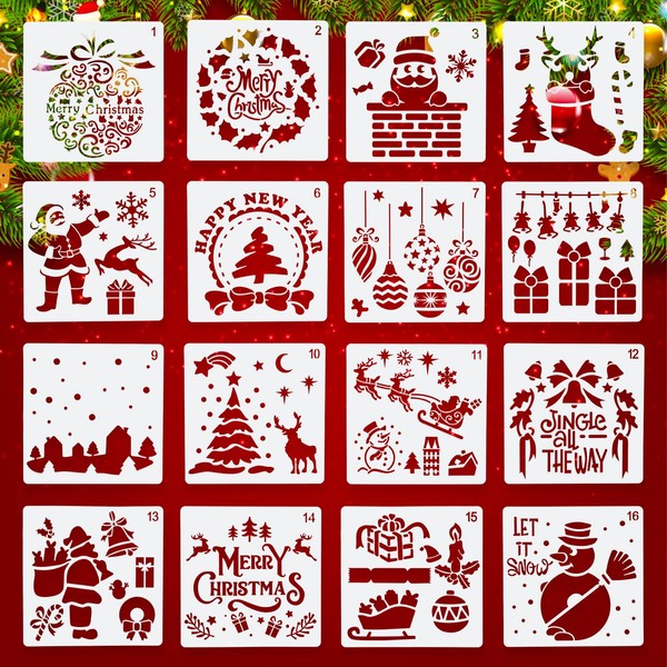 Gukasxi 16 PCS Christmas Stencils Template, Reusable Plastic Christmas Drawing