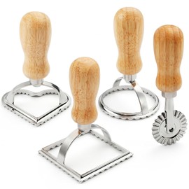 TIFICAL 4-Piece Ravioli Stamp Maker Cutter Set with Roller Wheel, Ravioli Mold for Homemade Pasta, Dumplings, and Cookies, Fluted Edge Presses in Round, Square and Heart Shapes, Wooden Handles