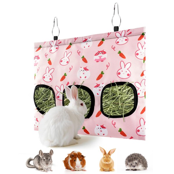 ERKOON Rabbits Hay Bag with 3 Holes, Hanging Hay Feeder