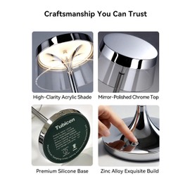 Tubicen Chrome Cordless LED Table Lamp, Portable 3 Color Stepless Touch Dimmable Desk lamp 4000mAh Battery Operated Rechargeable Table Lamp Cordless Night Light for Bedside Restaurant Bedroom Coffee