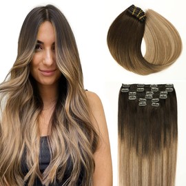 SURNEL Clip in Hair Extensions Balayage Ombre Color 2 Dark Brown Fading to 6 and 18 Ash Blonde Clip in Extensions Human Hair 20 inch Remy Clip in Hair Extensions 6pcs 120g(#2/6/18,20")