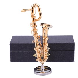 Dselvgvu Miniature Baritone Saxophone with Stand and Case Brass Mini Musical Instrument Baritone Saxophone Replica Collectible Figurines Birthday Gifts Home Decoration Display Ornament (4.25"x1.77")