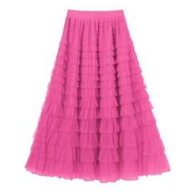 IMEKIS Women A Line High Waist Tiered Tulle Maxi Skirt Layered Mesh Skirt Casual Long Boho Summer Beach Skirts Elegant Wedding Holiday Party Skirt Hot Pink XL