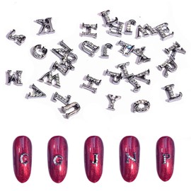 26 English Letters Nail Charms Rhinestones Silver Letters Nail Stud Letter Charms 3D Capital Rhinetone Nail Letter English Alphabet Stud for Nails Alphabet Nail Gems DIY Nail Art Decoration (Silver)