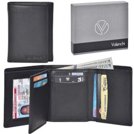 Valenchi-RFID Genuine Leather Trifold Wallet with Flap for Men and Women 9 card slots,2 Note pocket coin pocket & ID window (Black Nappa)