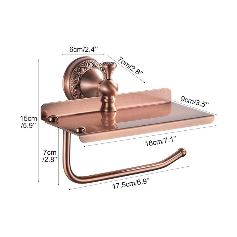 Red Copper Bath Toilet Paper Holder with Phone Shelf, Wall