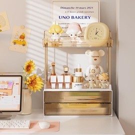 DELAMU 2-Tier 2-Drawer Countertop Organizer, Ideal for storing cosmetics, skincare, toiletries, Storage Racks Boxes:_Amber