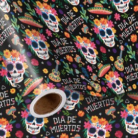 LeZakaa Day of the Dead Wrapping Paper Roll, Colorful Sugar Skulls Maracas Flowers Sombreros Design, Día de Muertos Gift Wrap in Black, Mini Roll 17 in x 16.4 Ft