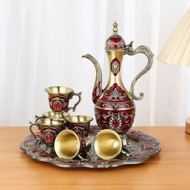 Vintage Turkish Coffee Pot Cups Set with Tray and 6 Cups Retro Coffee Pot Cups Set Exquisite Wine Pot Set Decorative Vintage Tea Service Set for Home Party Decor (Retro Red)