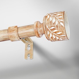 Wood Curtain Rods for Windows 28 to 48, 1 Inch Adjustable Decorative Heavy Duty Curtain Rod with Imitation Wooden Grain Leaf Pattern Finials, Boho Drapery Rods for Bedroom, Living room, Size 32”-60"