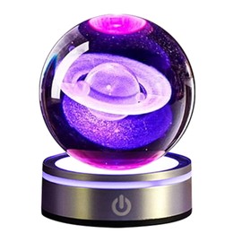 mumisuto 3D Planets Crystal Ball, Crystal Ball 3D Engraved Miniature Model, Glass Ball with Lamp Base, Luminous Crystal Ball Ornament, Astronomy Gifts for Kids (Saturn)