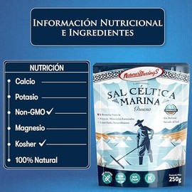 Sal Céltica Marina Gruesa de Bretaña, Francia | Nature's Blessings | 82 Minerales Esenciales, Sin Refinar, Secada al Sol, 250g (Gruesa)