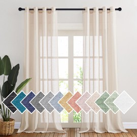 PONY DANCE 2 pieces semi-transparent linen curtains - window curtains in country house style linen curtain with eyelets for children's room/living room, beige, H 245 x W 140 cm