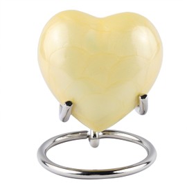 Small Heart Urn for Ashes Adult Male in Brass - Classic Mini Cremation Urn for Human Ashes with Velvet Box & Stand - Loving Tribute Keepsake for Man, Women, Pet or Infant (Yellow)