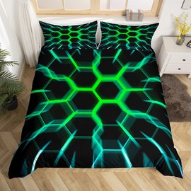 Honeycomb Single Bedding Sets for Boys Kids Black Green Hexagon Geometrical Duvet Cover,3D Geometric Beehive Pattern Hexagonal Comforter Cover Neon Lights Glowing Bed Set Ultra Soft Room Decor