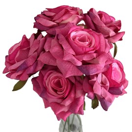 UiiziC Artificial Flowers Rose 6 PCS 12"/31cm Faux Plants Bulk Fake Flower Bouquet for Vase Fillers Floral Arrangement Wreath Wedding Party Bouquets Garden Centerpieces Decor (Fuchsia)