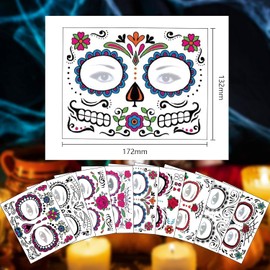 Halloween Face Tattoos,9Pcs Day of the Dead Face Stickers,Sugar Skull Black Skeleton Web Red Roses,Halloween Temporary Tattoos for Women Men Adult Kids Boys Halloween Party Fancy Dress Up Accessories