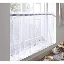 Café Voile Curtain Panel, Embroidered Kitchen Net Curtains, Daisy Flower, 59" x 18"
